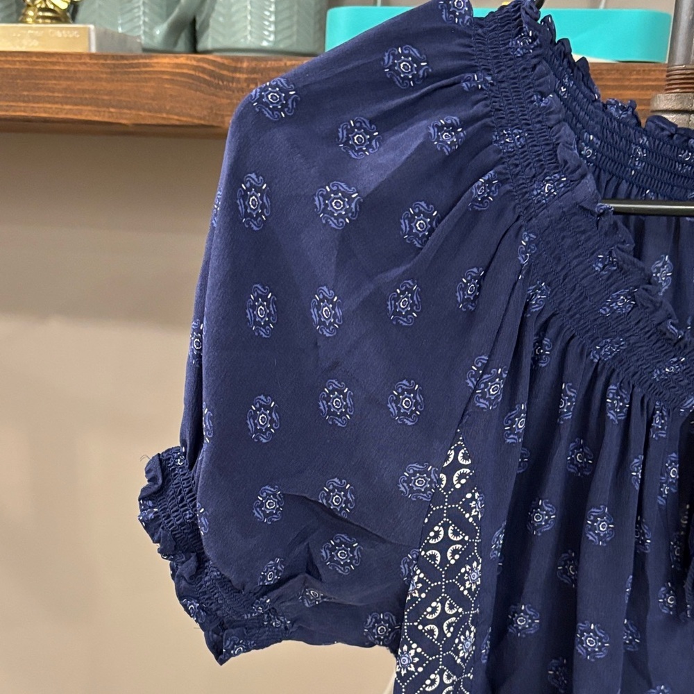 Joie Navy Blue Boho Peasant Blouse with Subtle Floral Motif - Picture 7 of 9